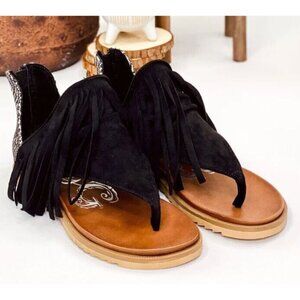 Very G Gypsy Jazz Ritual Fringe Sandals | Black Western Boho Sandals